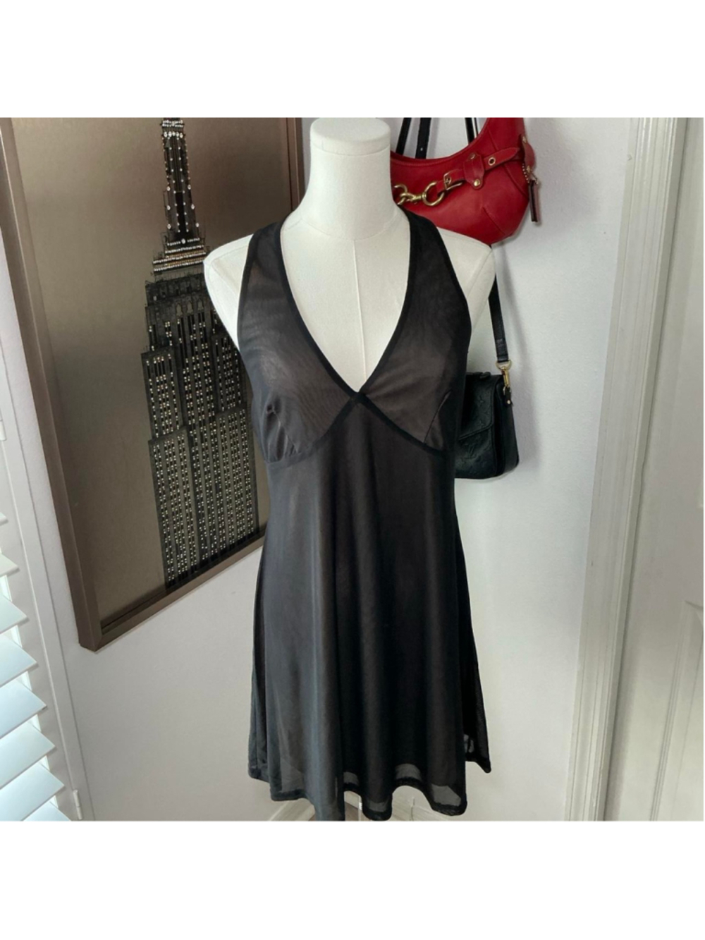 Wild Fable Black Mesh Plunge Mini Dress Tan Lined Size Medium